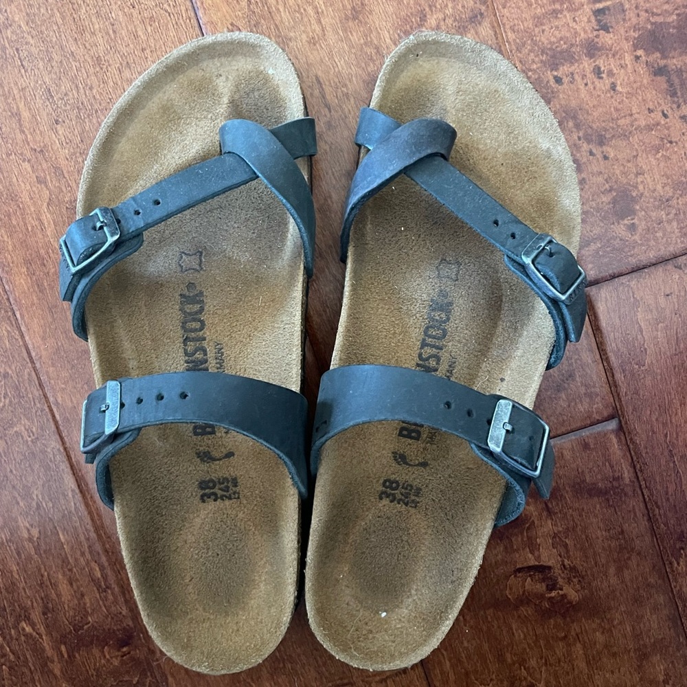 Brand new black leather cross strap Birkenstocks